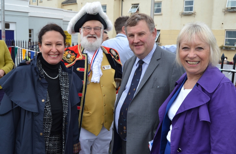 Anne Marie with the Dawlish Town Crier and MPs Oliver Colville & Sheryll Murray