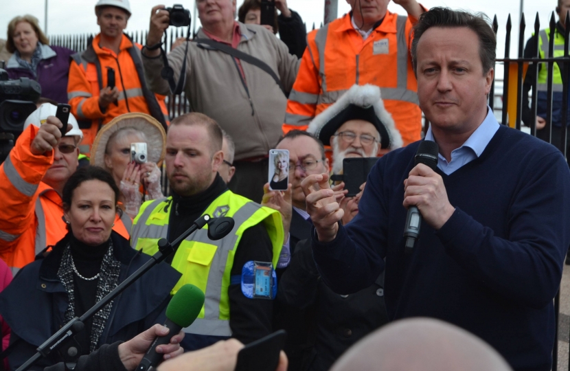 Prime Minister David Cameron addresses the crowds at Dawlish Station